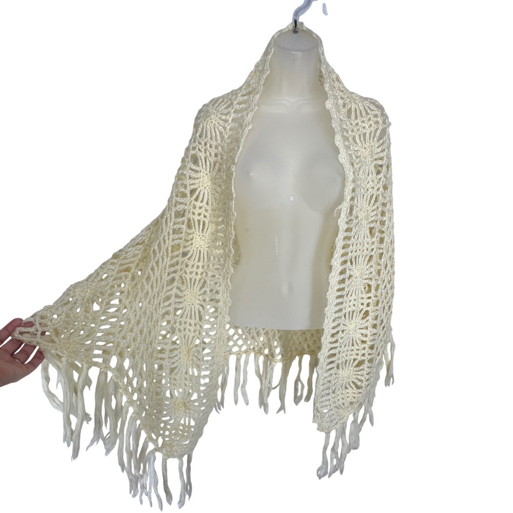 Vintage Hand Crocheted Cream Fringed Shawl Wrap Triangle Scarf Boho Cottagecore